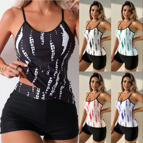 Womens Tankini Swimsuit Polyester High Waist Boy Shorts Tie Dye Print Adjustable Straps Padded Beachwear Swimwear