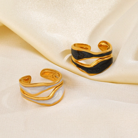 Irregular Wave Stainless Steel Ring For Women Gold Plated Enamel Drip Oil Open Adjustable Vintage Fashion Jewelry Gift