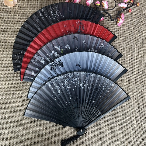 Abanico Plegable Tela Satén Marco Bambú Mano Estilo Chino Oriental Patrones Florales Mariposas Con Borla Decorativo