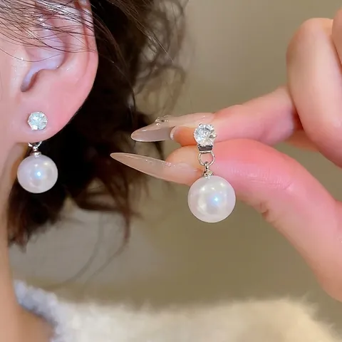 Elegant Round Imitation Artificial Pearl Drop Earrings With Zircon Inlay And 925 Sterling Silver Earring Post For Women Retro Style