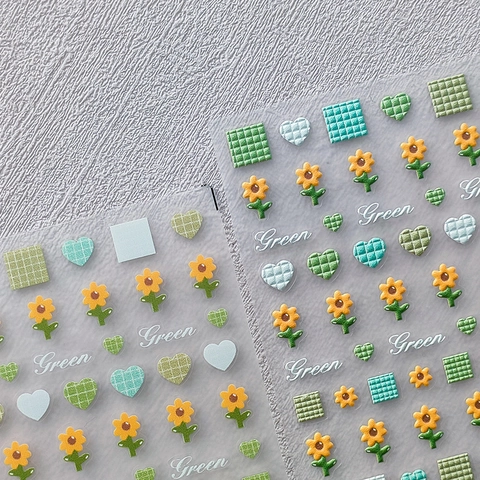 Adesivi Per Unghie 5D Rilievo Verde Scacchi Girasole Giallo Cuore Motivo PET Decalcomanie Goffrate Decorazione Manicure DIY