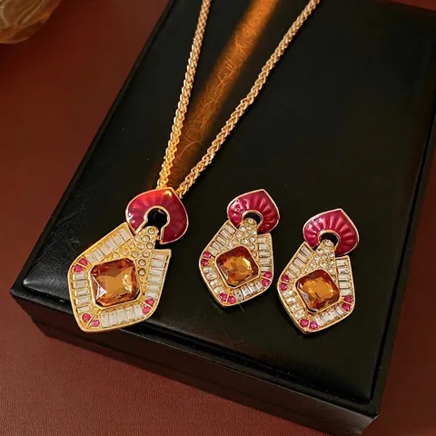 Collana E Orecchini A Rombo Vintage Lega Smalto Strass Geometrico Pietra Ambra Gioielli Di Lusso Per Donna