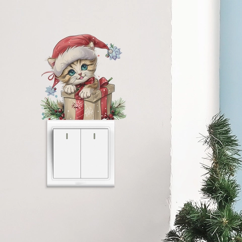 Weihnachten Cartoon Katze Lichtschalter Aufkleber PVC Wandtattoo Schalter Festliche Haus Dekoration Kätzchen Geschenkbox