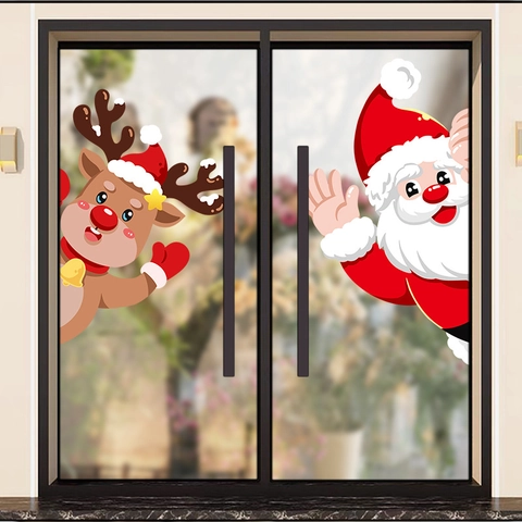 Adesivi Natalizi Per Finestre Statici PVC Renna Babbo Natale Pupazzo Di Neve Gnomo Decorazione Festiva Per Porte In Vetro