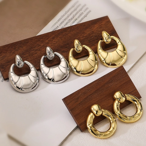 Geometric Textured Hoop Earrings Gold Silver Plated Copper Minimalist Metal Style For Women