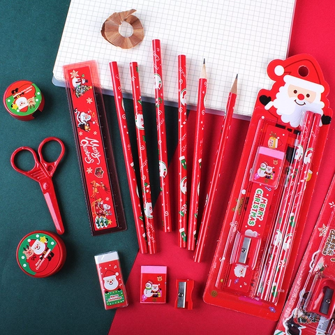 Juego De Papelería De Navidad Lápiz De Madera Regla Goma De Borrar Sacapuntas Útiles Escolares Estudiante Regalo Festivo