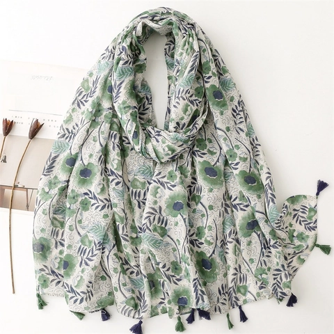 Women Green Floral Scarf Shawl Lightweight Voile Tassel Sun Protection Beach Wrap Elegant Retro Travel Accessory