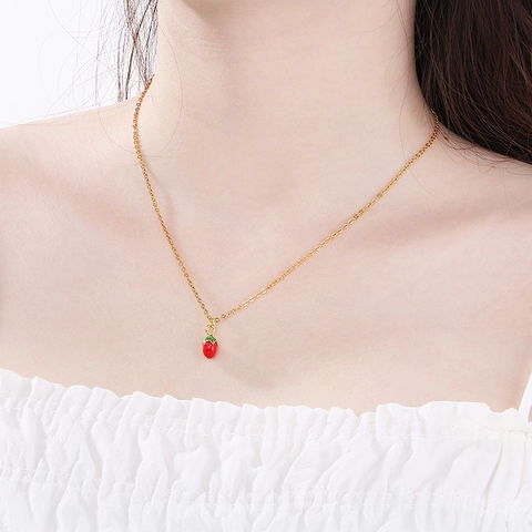 Mini Pendentif Légume Fruit Collier Acier Inoxydable Émail Fraise Citron Aubergine Piment Créatif Mignon Bijoux Pour Femmes
