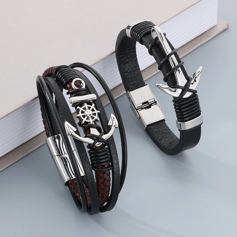 Pulsera De Cuero PU Trenzada Multicapa Para Hombre Con Cierre Magnético De Acero Inoxidable Dijes De Ancla Brújula Mapa Del Mundo