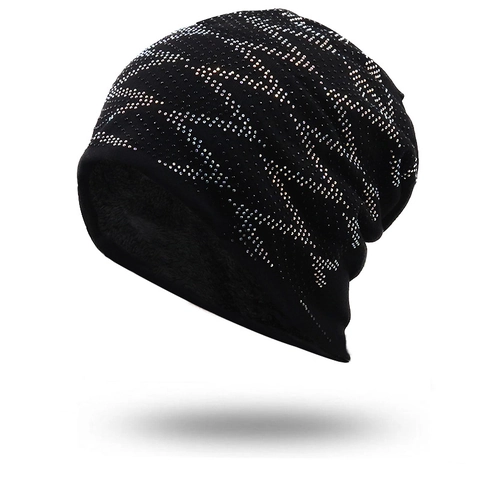 Slouchy Beanie Hat Women Winter Warm Knit Cotton Sparkly Rhinestone Wave Pattern Fleece Lined Outdoor Casual Pullover