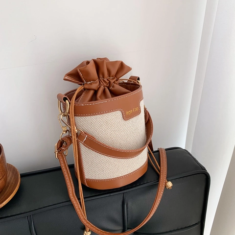 Borsa A Secchiello Donna Tela PU Pelle Patchwork Colore Contrasto Vintage Casual Coulisse Spalla Tracolla