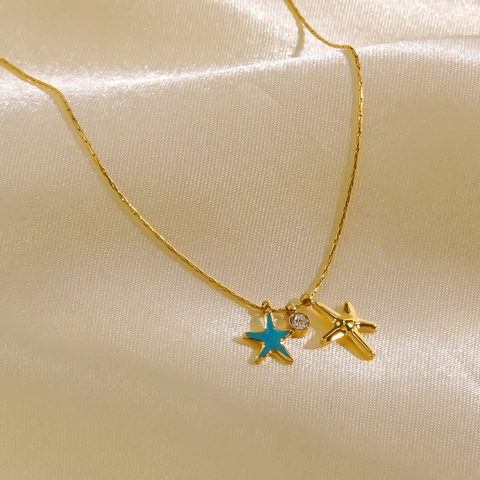 Zeester Hanger Ketting Roestvrij Staal Blauw Emaille Zirkonia Oceaan Stijl Vergulde Sieraden Voor Dames