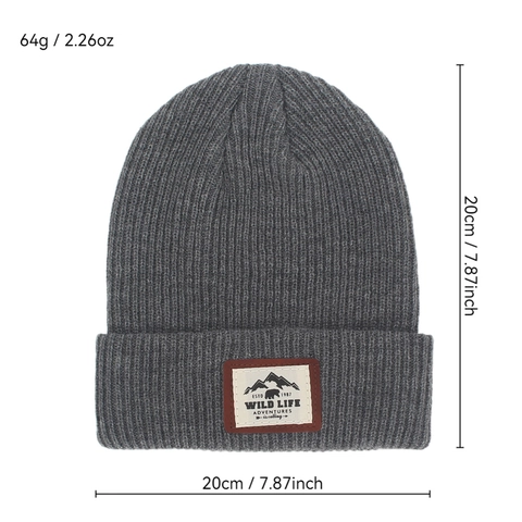 Knit Beanie Hat Acrylic Warm Winter Ribbed Cuffed Cap With Outdoor Mountain Bear Patch For Unisex Casual
