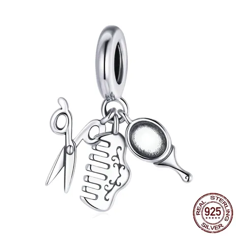 925 Sterling Silver Charm Pendant Hairdresser Scissor Comb Mirror Jewelry Component For DIY Bracelets Hair Stylist Theme