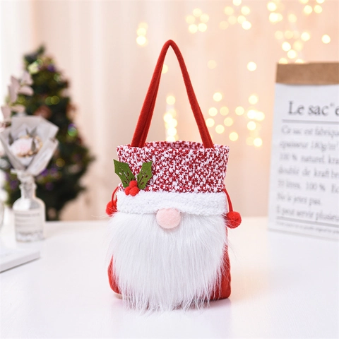 Christmas Gnome Gift Bag Felt Faux Fur Drawstring Handheld Candy Pouch Festive Party Decor Faceless Old Man