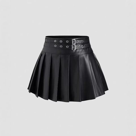Jupe Courte Plissée En Simili Cuir PU Taille Haute Style Punk Gothique Ligne A Avec Ceinture