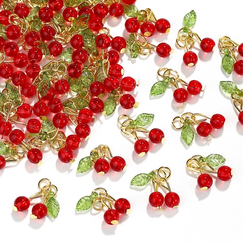3D Cherry Charms Fruit Pendants Glass Beads With Gold Alloy Ring For DIY Jewelry Making Necklaces Earrings Accessories