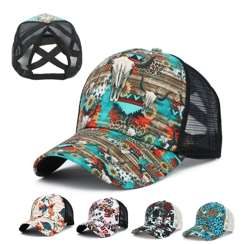 Dames Ponytail Honkbalpet Acryl Mesh Trucker Hoed Western Print Zonbescherming Verstelbaar Gat Voor Hoge Knot