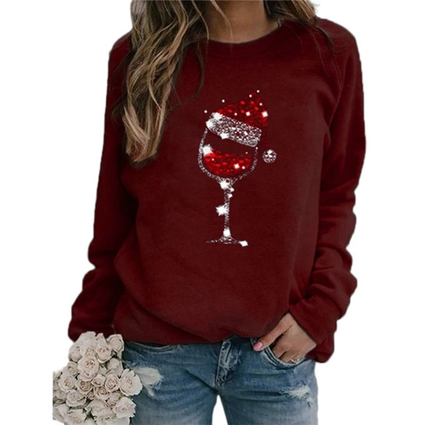 Women Christmas Wine Glass Print Long Sleeve T-Shirt Casual Round Neck Polyester Loose Top Autumn Winter Holiday Clothing
