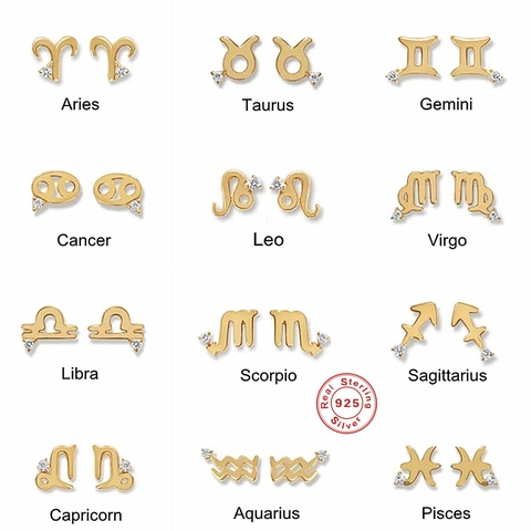 Zodiac Sign Stud Earrings 925 Sterling Silver Minimalist Constellation Jewelry With Zirconia For Women Creative Gift