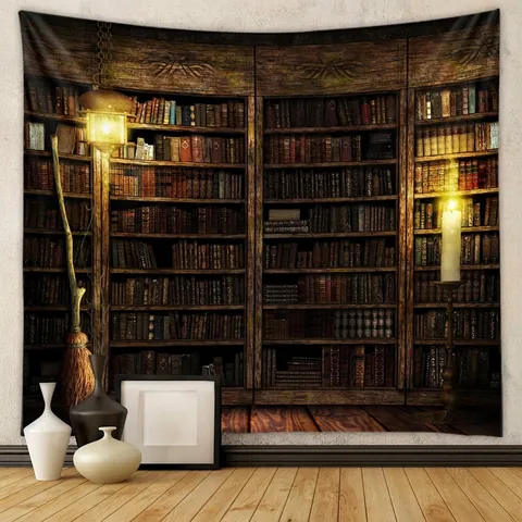 Arazzo Libreria Vintage Scaffale Tessuto Poliestere Stile Magico Decorazione Parete Per Camera Da Letto Soggiorno