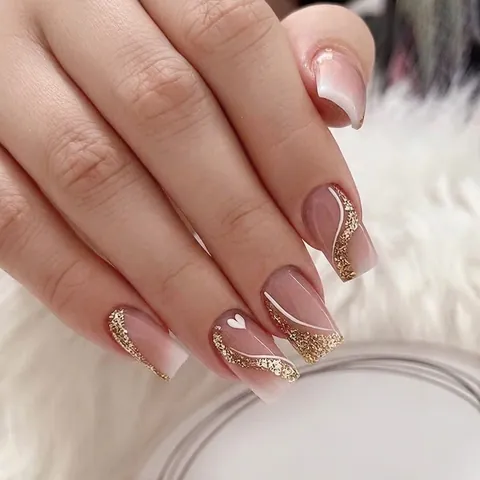 Press On Nägel Künstliche Nägel Französischer Farbverlauf Rosa Weiß Gold Glitzer Herz Sarg Quadrat Mittel Lang Für Damen