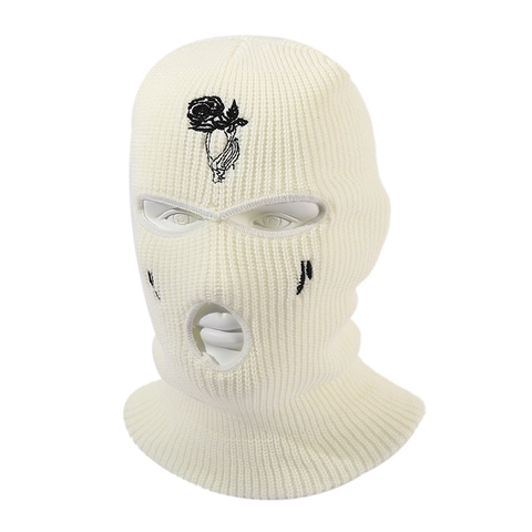 Acryl Geborduurd Roos Bivakmuts Gebreide Drie-Gats Skimasker Winter Winddicht Outdoor Fietsen Pullover Hoed Voor Heren Dames
