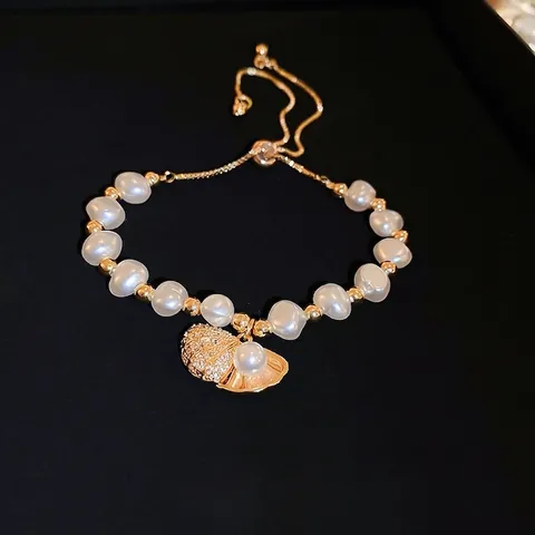 Baroque Imitation Artificial Pearl Bracelet For Women Copper Shell Pendant With Zircon French Style Adjustable Drawstring Beads