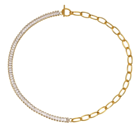 Asymmetrische Gespleten Ketting Voor Dames Roestvrij Staal Verguld Rechthoekige Zirkoon Tennis Ketting En Paperclip Schakel Met Knevelsluiting Mode Sieraden