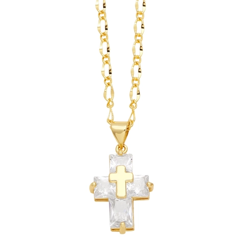 Double Layer Cross Pendant Necklace 18K Gold Plated Copper Rectangle Zircon Figaro Chain Trendy Hip Hop Jewelry Unisex