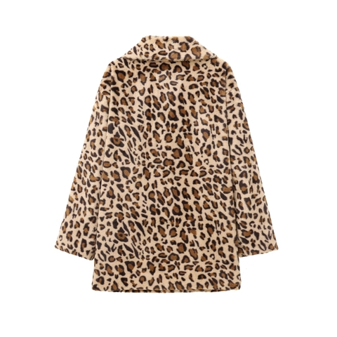 Women Leopard Print Faux Fur Coat Lapel Long Sleeve Open Front Winter Jacket Fashion Casual Outerwear Warm
