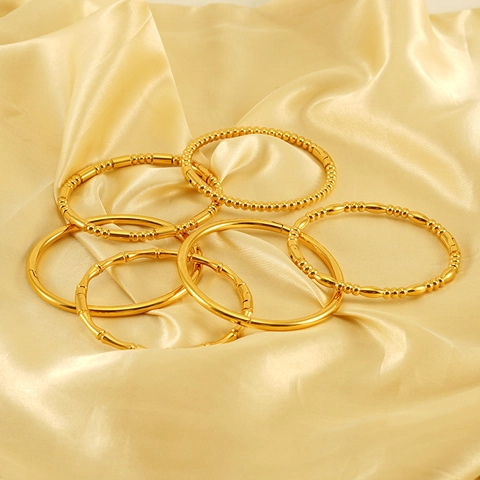 Bracelet Jonc Élégant Plqué Or 18K Acier Inoxydable Nœud De Bambou Perle Ronde Texture Minimaliste Pour Femme
