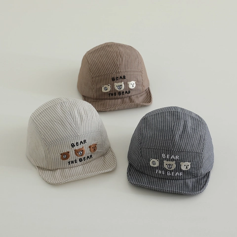 Cappellino Baseball Righe Neonati Misto Cotone Ricamo Orsetto Tesa Morbida Cappello Sole Regolabile Per Bambini Ragazzi Ragazze