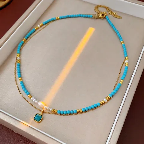 Collier Double Rang Avec Turquoise Et Perle Deau Douce Pendentif Carré Plqué Or Style Bohème Vintage Pour Femme