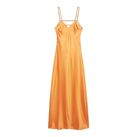 Elegant Women Satin Midi Dress Spaghetti Straps Deep V Neck Backless Crisscross Solid Color Formal Party Evening Gown