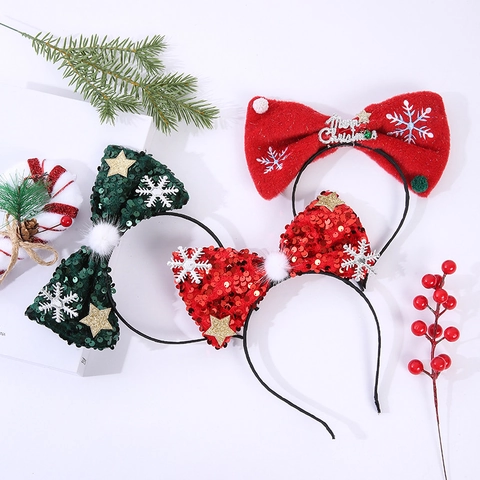 Christmas Sequin Bow Headband Felt Hair Band Festive Party Photo Props Decorative Snowflakes Stars For Women Kids