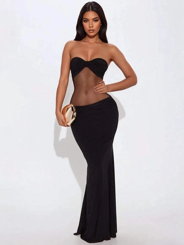 Dames Sexy Tube Top Mesh Patchwork Doorzichtig Bodycon Maxi Jurk Nachtclub Party MelkSatijn Polyester Elastaan