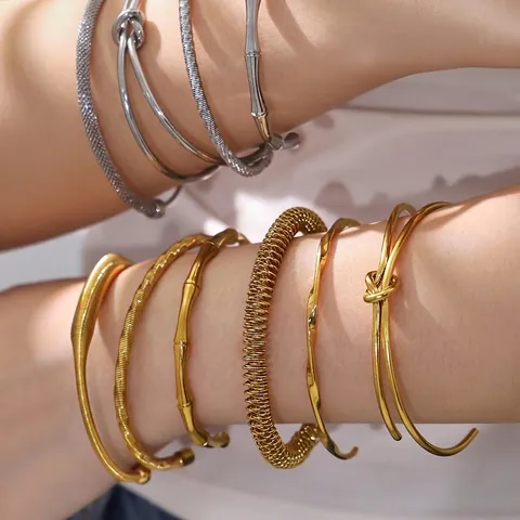 Stainless Steel Open Cuff Bangle Bracelet For Women 18K Gold Plated Bamboo Knot Twisted Spring Mesh Texture Design Fashion