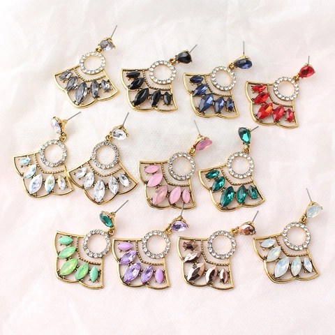 Vintage Bohemian Fan Shaped Dangle Earrings Alloy Rhinestone Artificial Gemstone Geometric Retro Style Women Jewelry