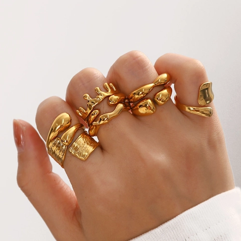 Irregular Geometric Lines Ring Stainless Steel 18K Gold Plated Adjustable Open Ring Molten Lava Style Hip Hop Jewelry