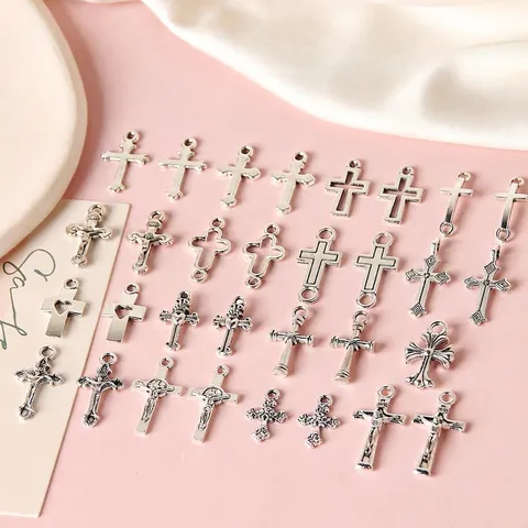 Vintage Antique Silver Alloy Cross Pendants Rose Heart Charms For DIY Jewelry Making Earrings Necklace Making Accessories