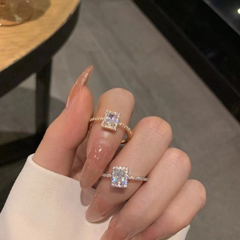 Elegant Square Zircon Copper Ring Micro Pave Halo Rectangular Gemstone Fashion Jewelry For Women