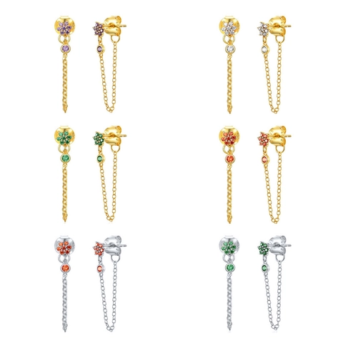 Boucles D'oreilles Pendantes Fleur Chaîne Pompon Avec Zircone Cuivre Et Tige En Argent Sterling 925 Pour Femme Style Élégant