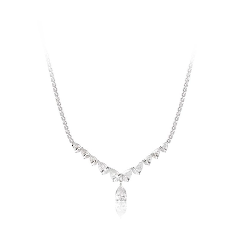 Teardrop Pendant Necklace Copper Zirconia Water Drop Pear Shape V Chain Elegant Silver Tone Clavicle Chain Women