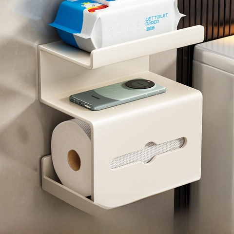Wall Mounted Bathroom Tissue Box Multi-tier Storage Shelf Drill Free Space Aluminum Toilet Paper Holder Phone Rack