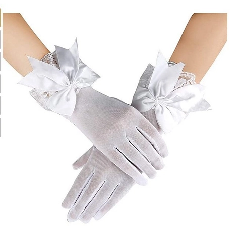 Elegantes Guantes Cortos De Novia De Encaje Y Malla Con Lazo De Satén Y Perla Artificial Para Boda
