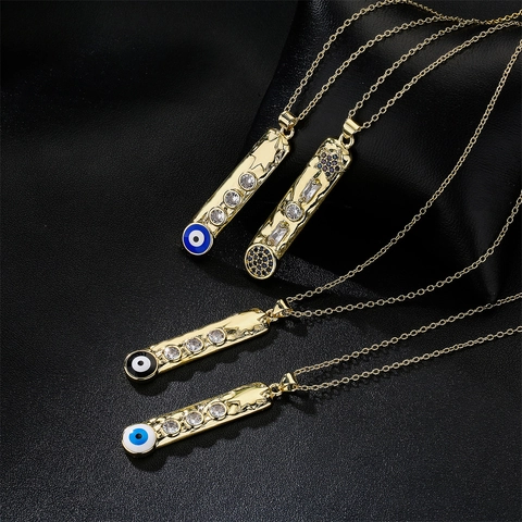 Evil Eye Vertical Bar Pendant Necklace Copper Zircon Enamel Geometric Textured Gold Plated Jewelry For Women