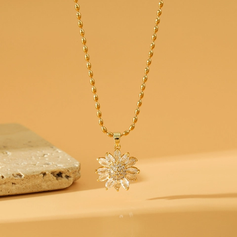 Collana Minimalista con Ciondolo a Girasole in Acciaio Inossidabile per Donna Catena a Sfere Placcata Oro con Strass Gioielli alla Moda