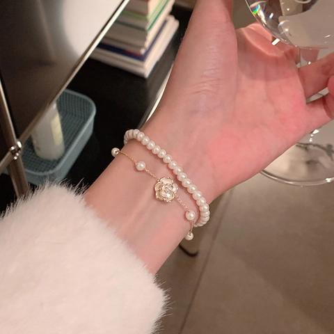 Elegant Camellia Artificial Pearl Layered Bracelet Gold Plated Flower Charm French Style Jewelry Gift For Women
