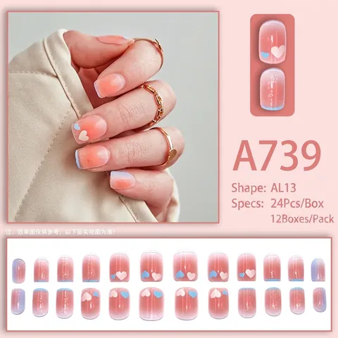 French Blush Heart Press On Nails Pink Gradient Blue Tips Glitter Square Round Shape Detachable Reusable Manicure For Women
